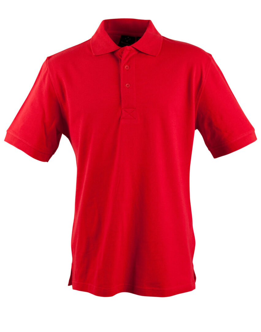 A red polo shirt is shown on a white background.