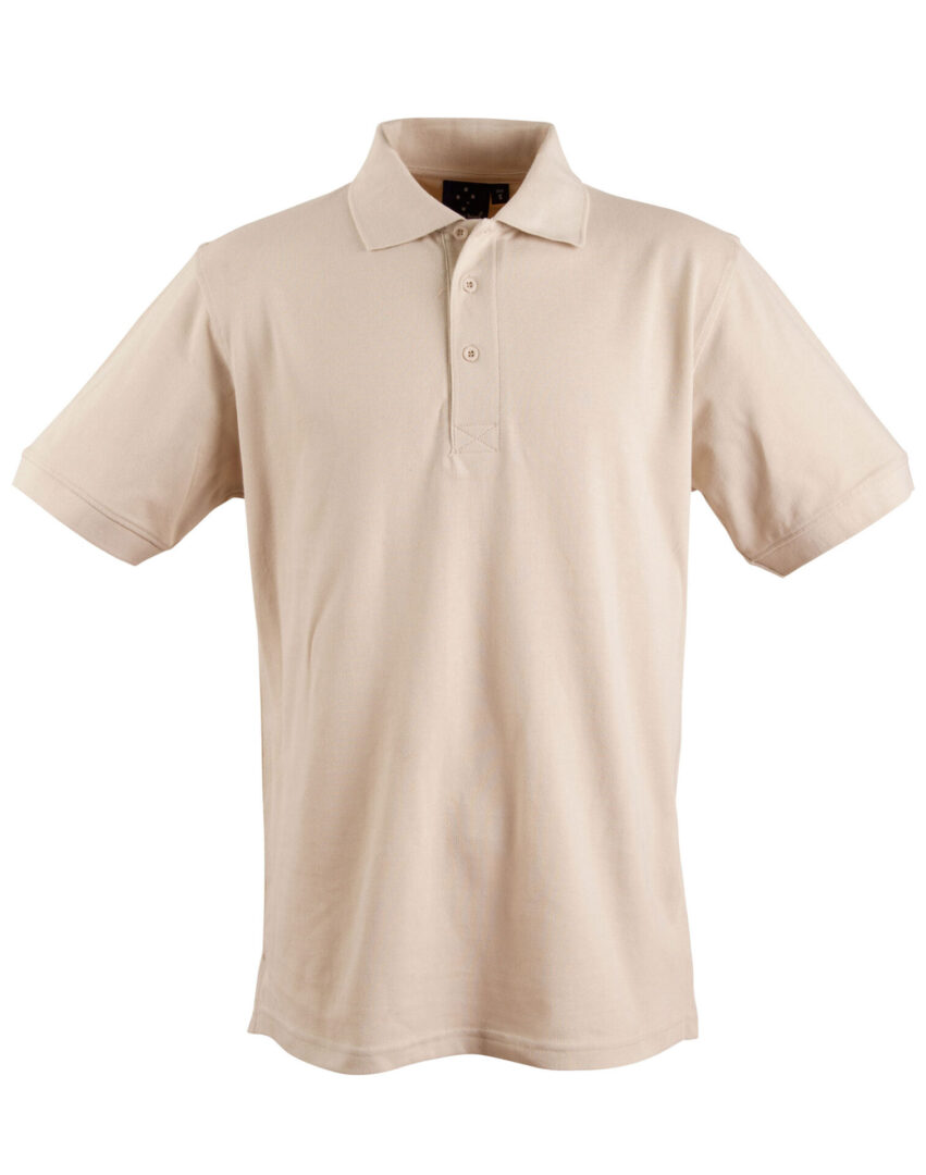 A beige polo shirt is shown on a white background.