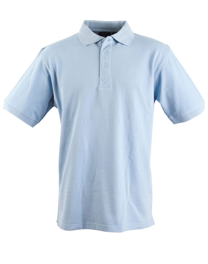 A light blue polo shirt is shown.