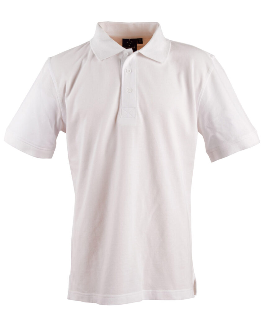 A white polo shirt is shown on a white background.