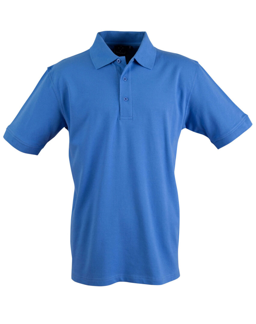 A blue polo shirt is shown on a white background.