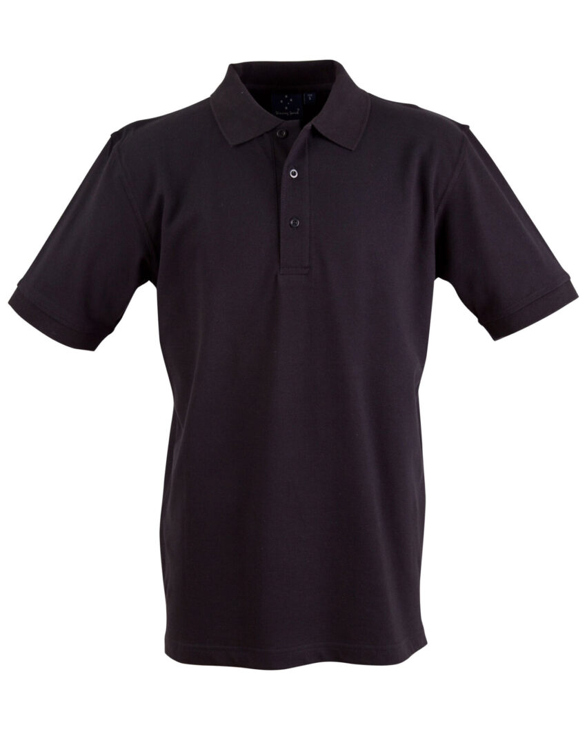 A black polo shirt is shown on a white background.