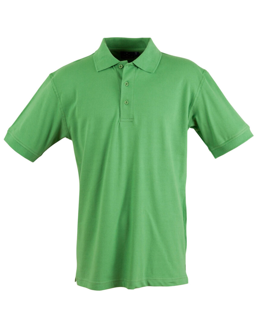 A green polo shirt is shown on a white background.