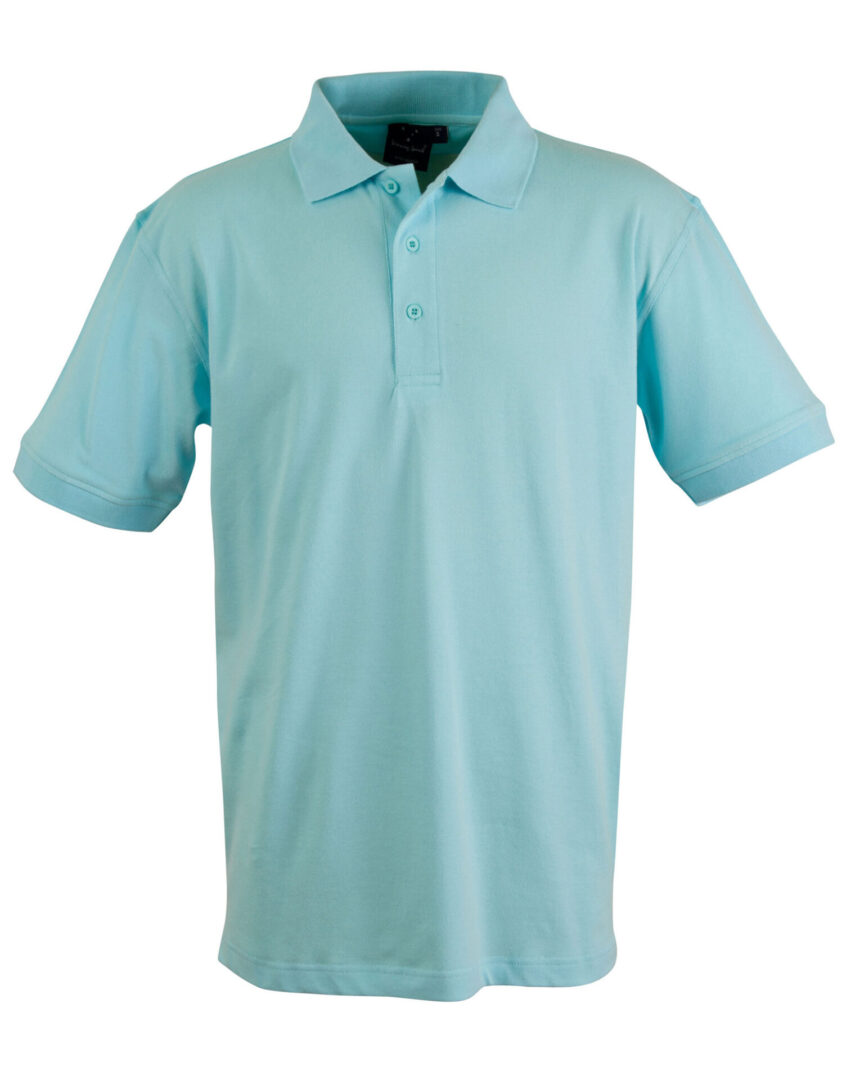 A light blue polo shirt is shown.