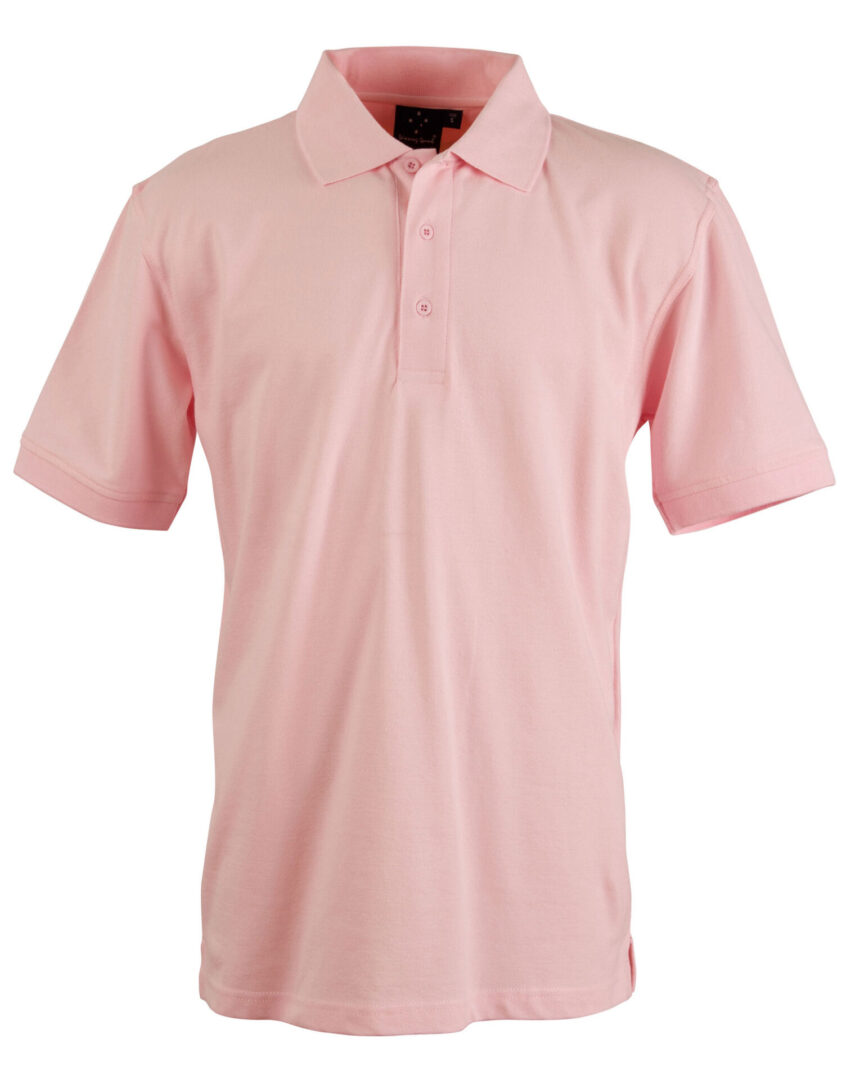 A pink polo shirt is shown on a white background.