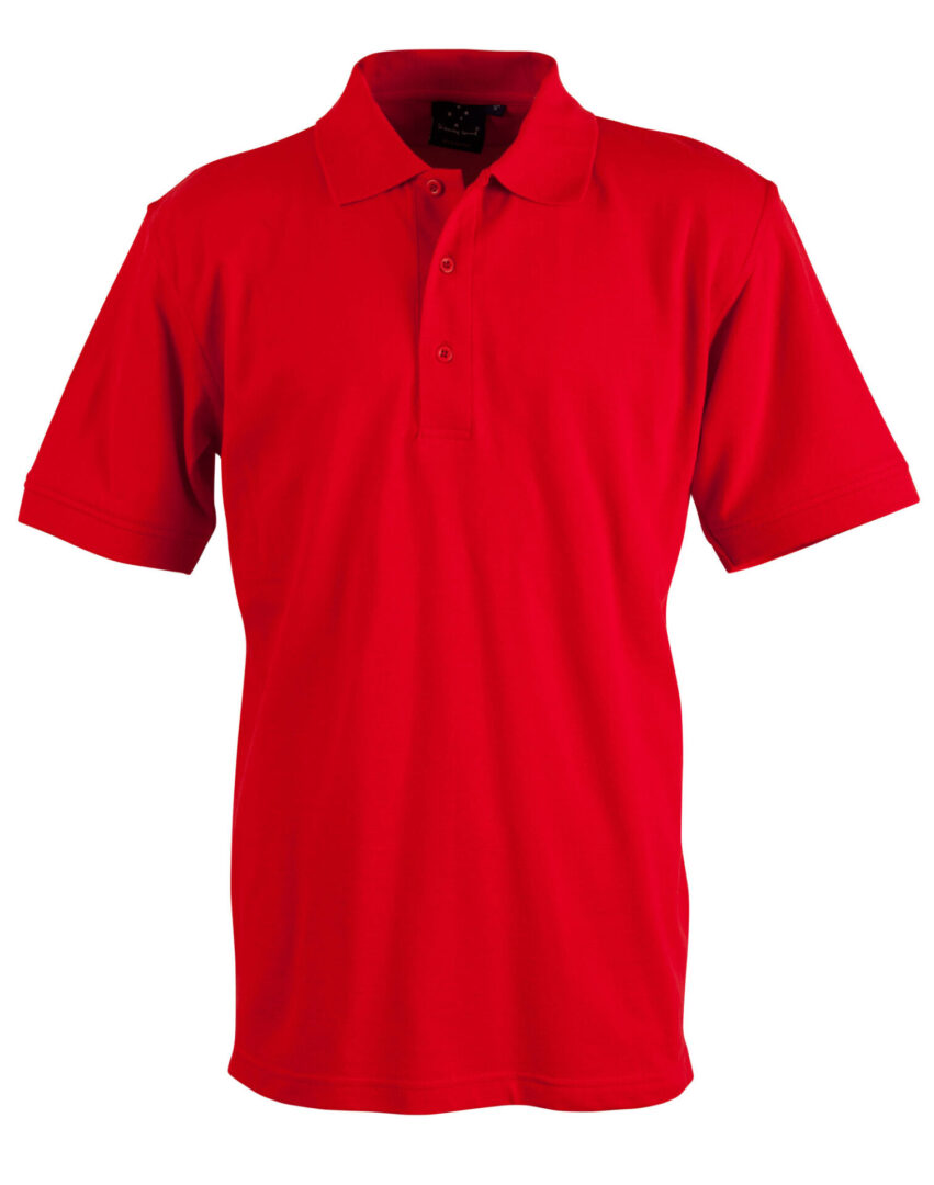 A red polo shirt is shown with no collar.