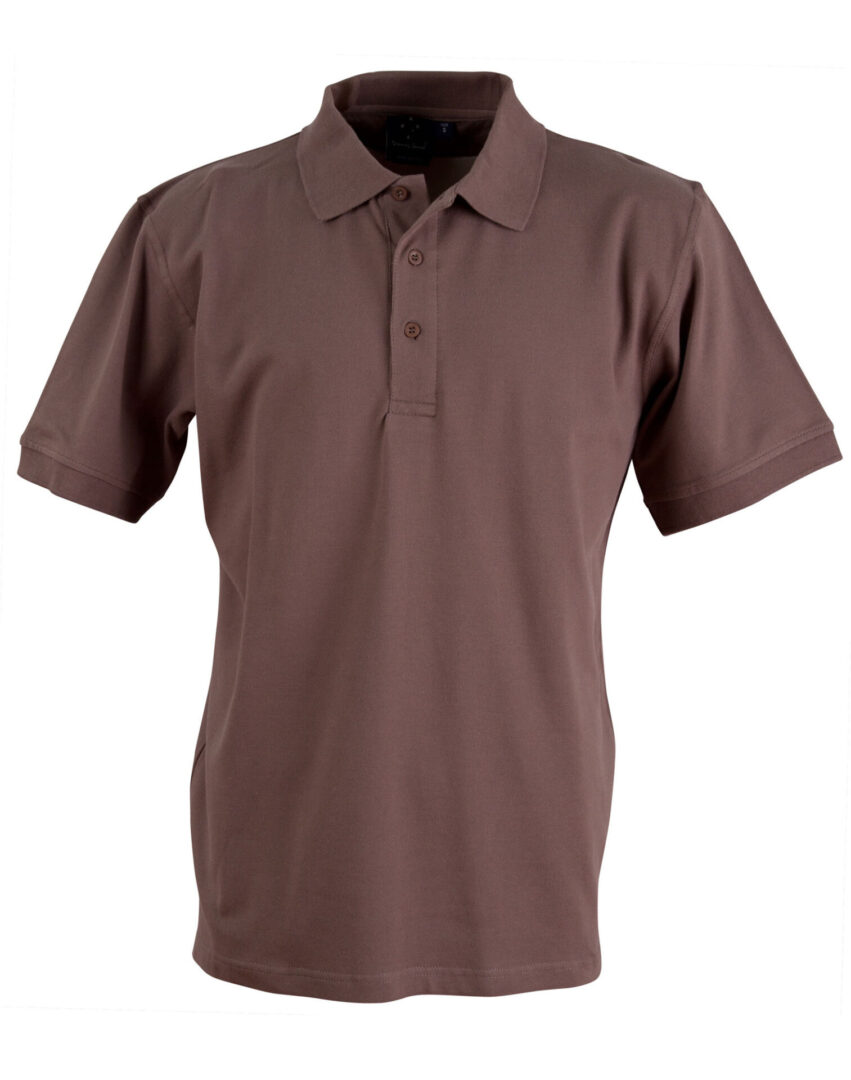 A brown polo shirt is shown on a white background.