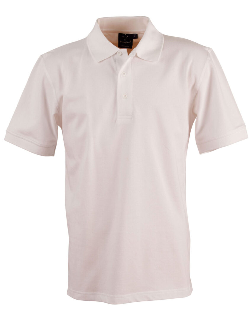 A white polo shirt with a black hat