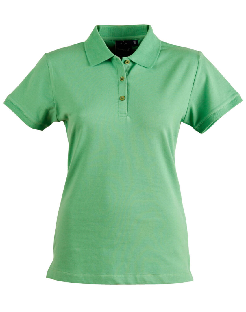 A green polo shirt is shown on a white background.