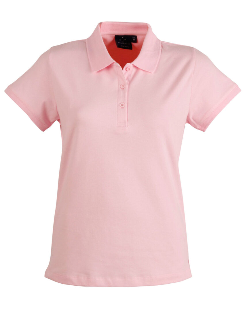 A pink polo shirt is shown on a white background.