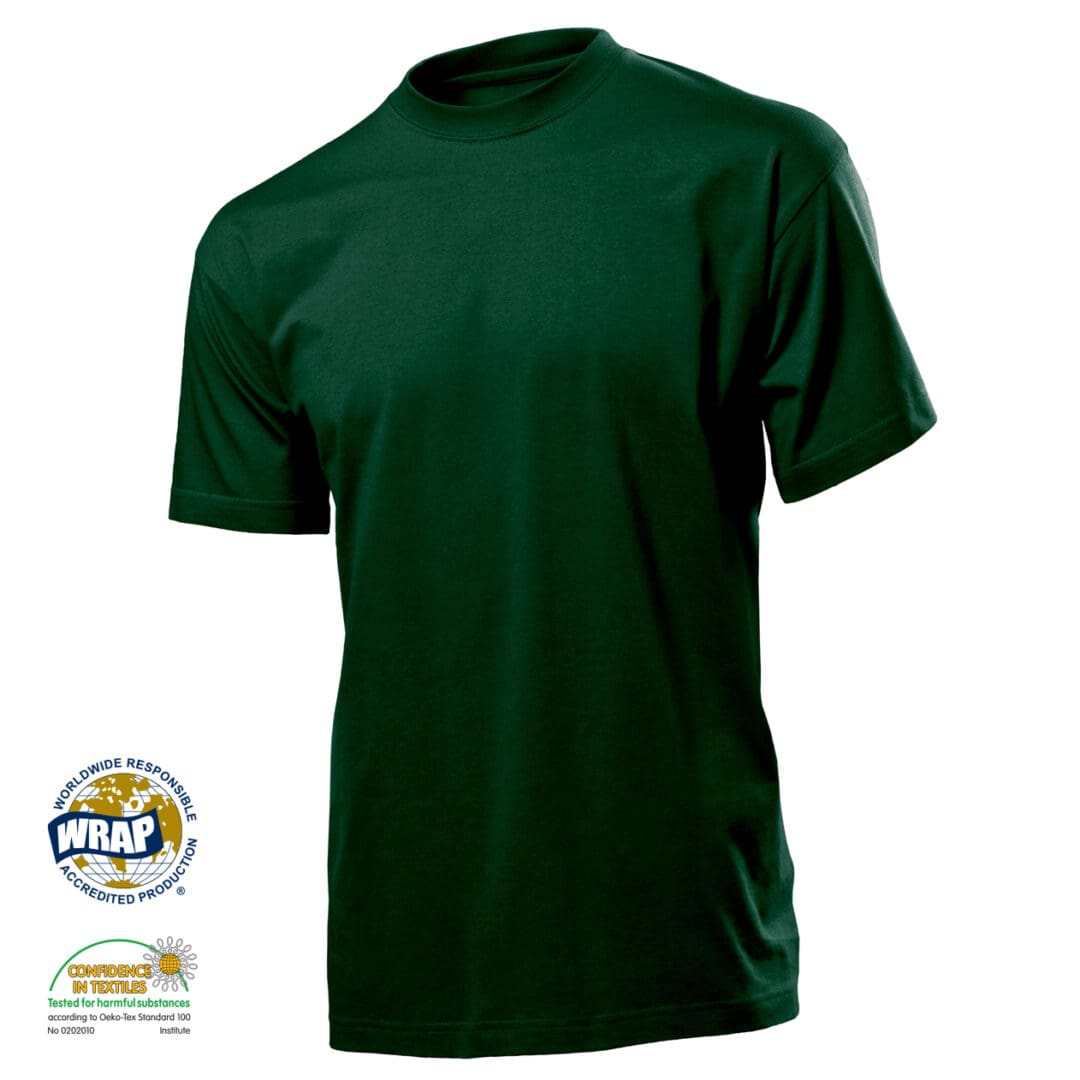 A dark green t-shirt is shown on a white background.