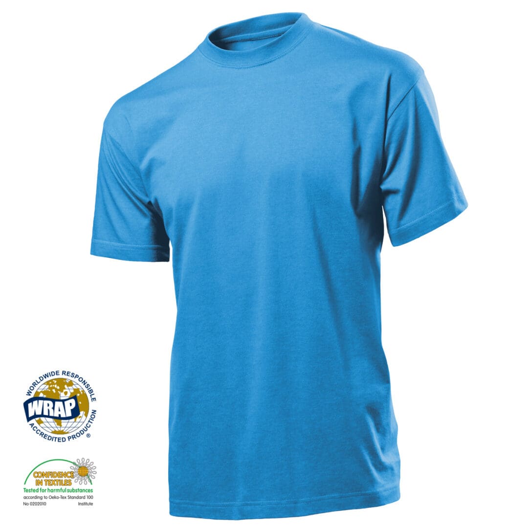 A blue t-shirt is shown with a yellow logo.