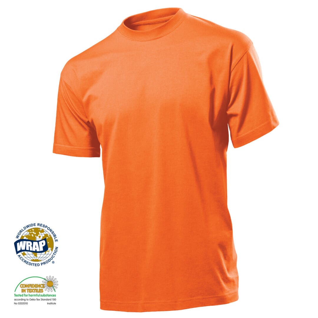 A t-shirt that is orange and has a logo on it.