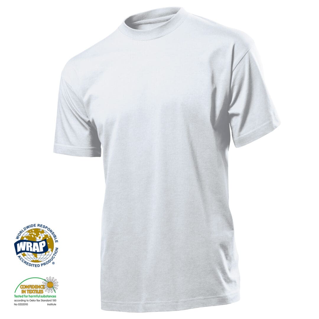 A white t-shirt is shown with the logo of the company.