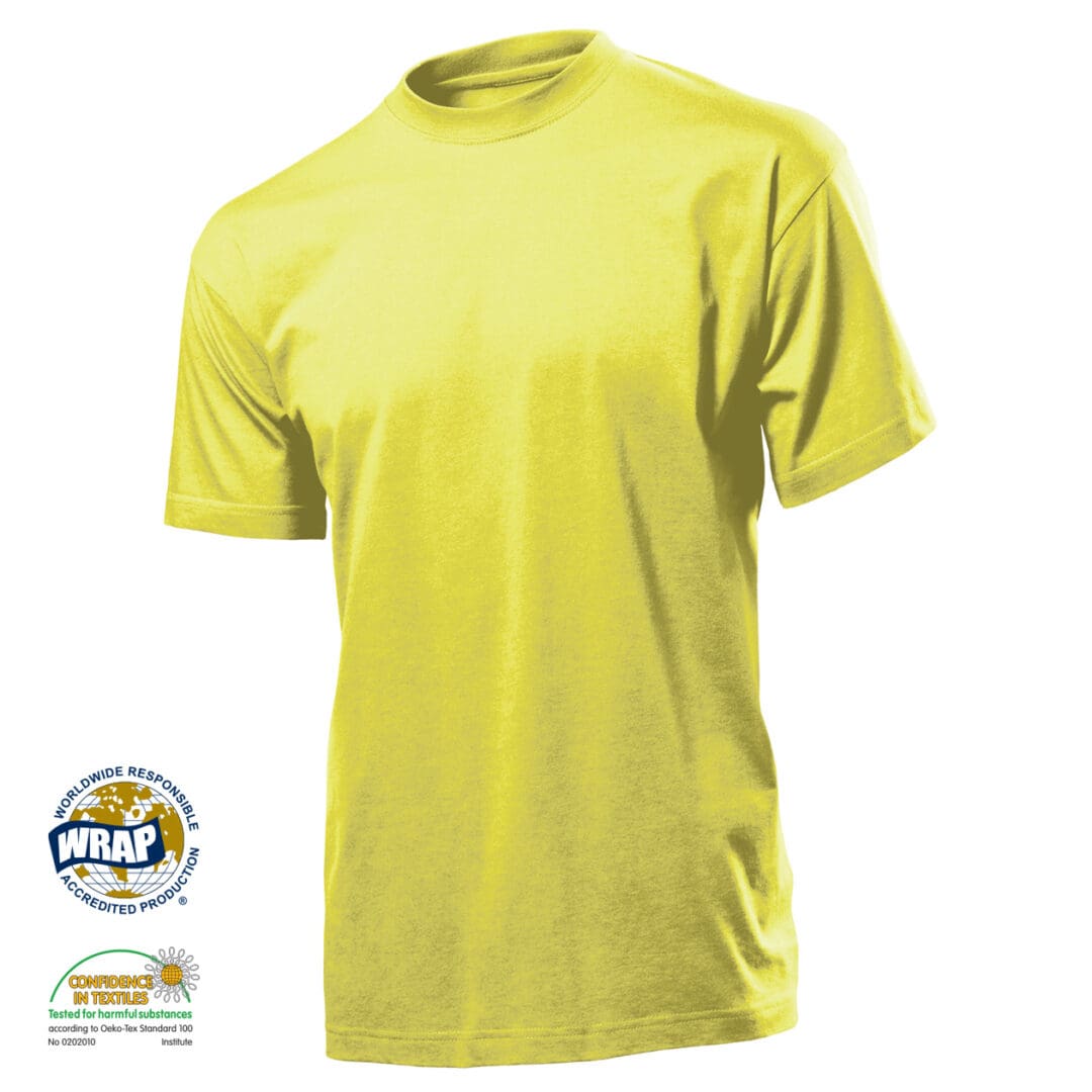 A yellow t-shirt is shown on a white background.