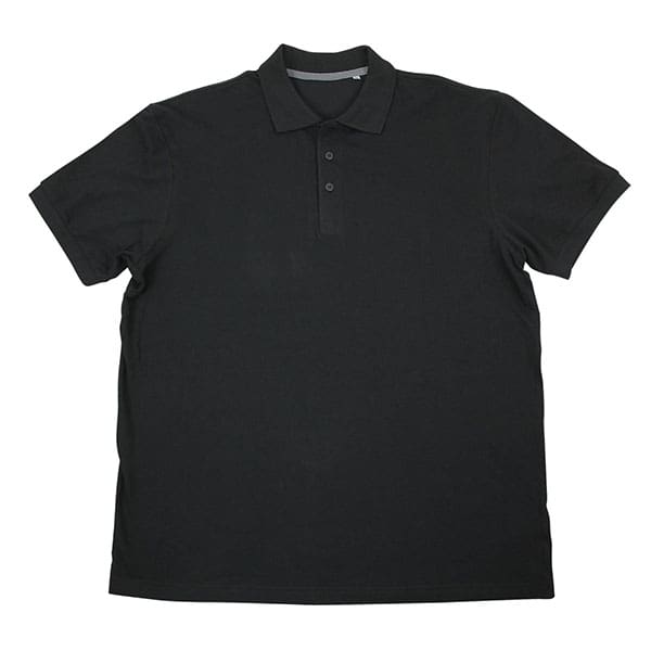 A black polo shirt is shown on a white background.