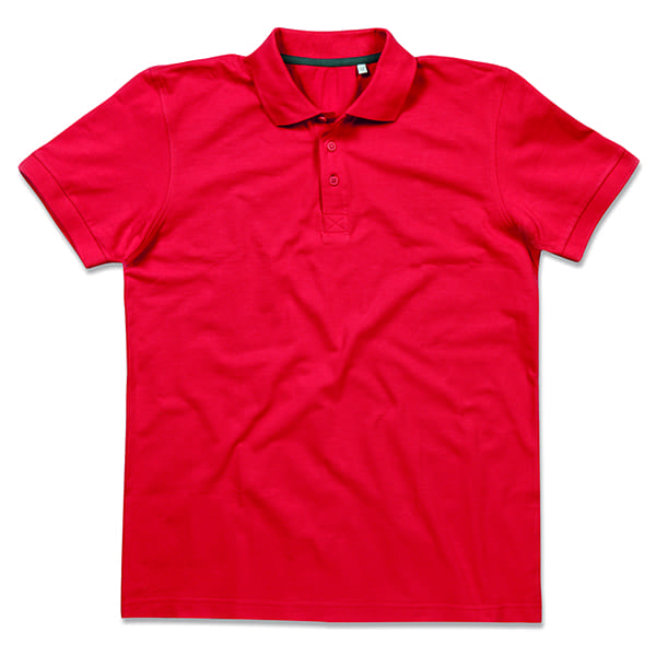 A red polo shirt is shown on a white background.