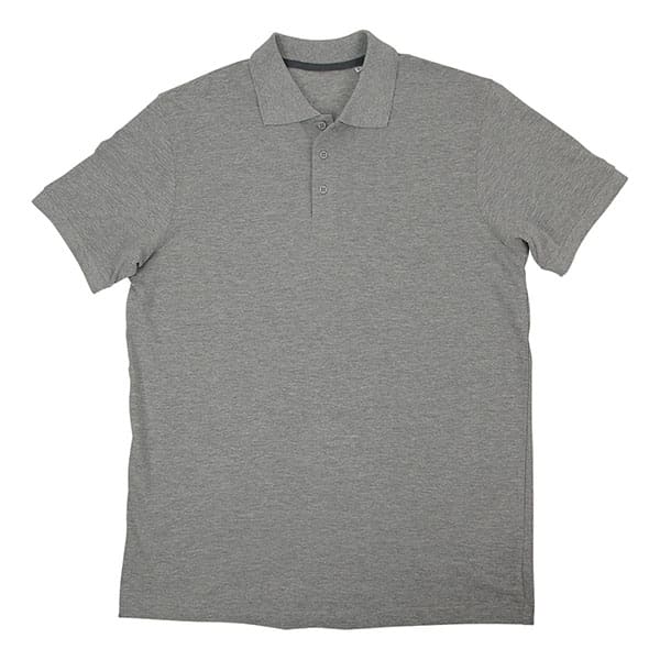 A gray polo shirt is shown on a white background.