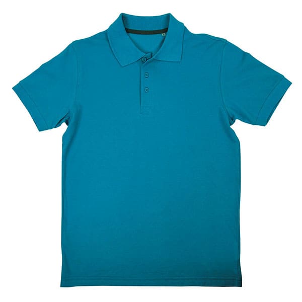 A blue polo shirt is shown on a white background.