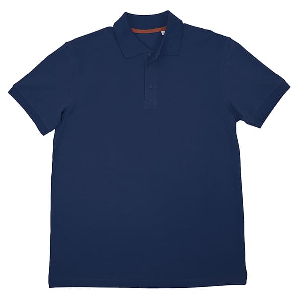 A blue polo shirt is shown on a white background.