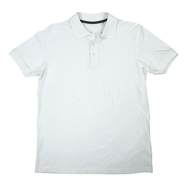 A white polo shirt is shown on a white background.