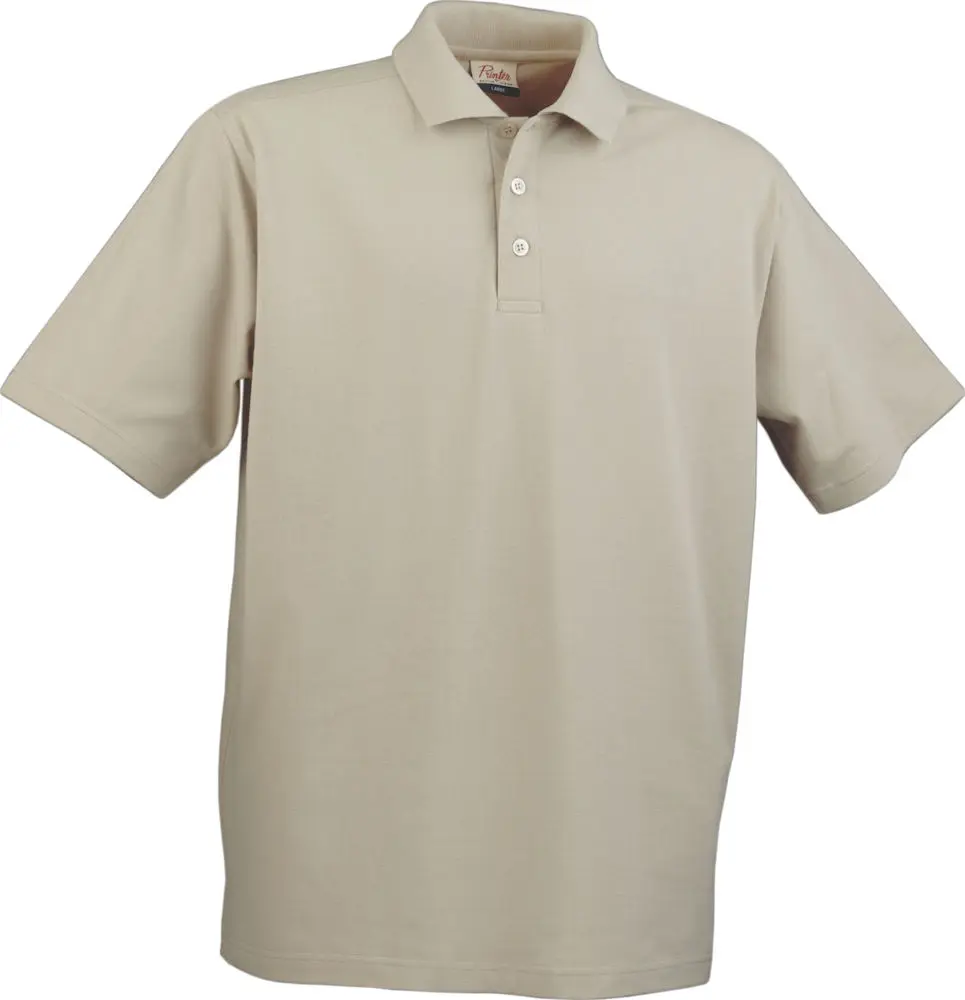 A beige polo shirt is shown on a white background.