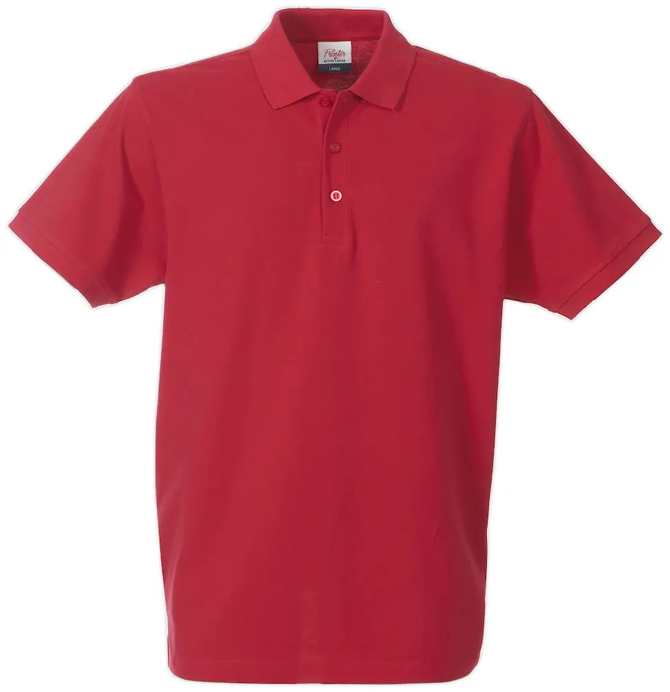 A red polo shirt is shown on a white background.