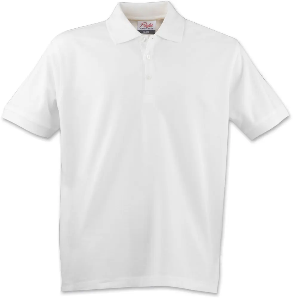 A white polo shirt is shown on a white background.