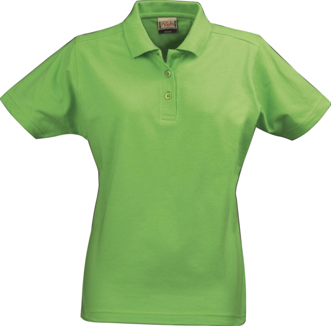 A lime green polo shirt is shown on a white background.