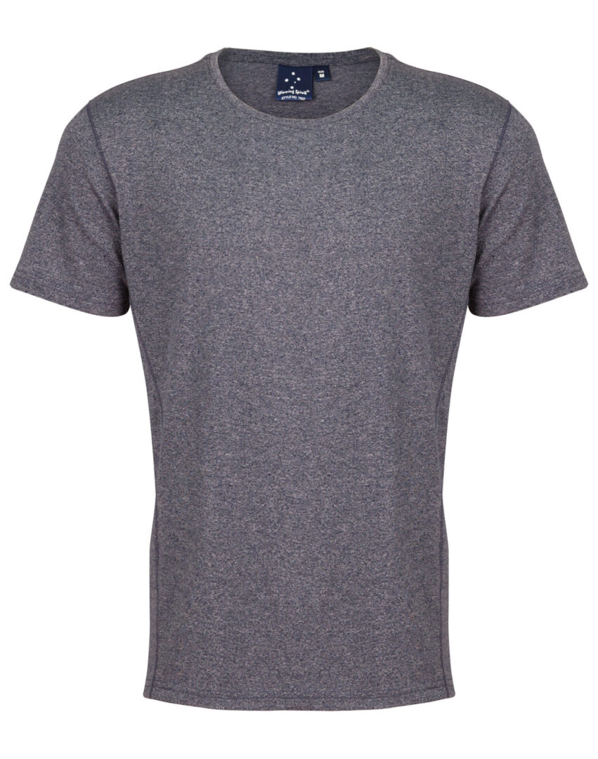 A grey t-shirt is shown on a white background.