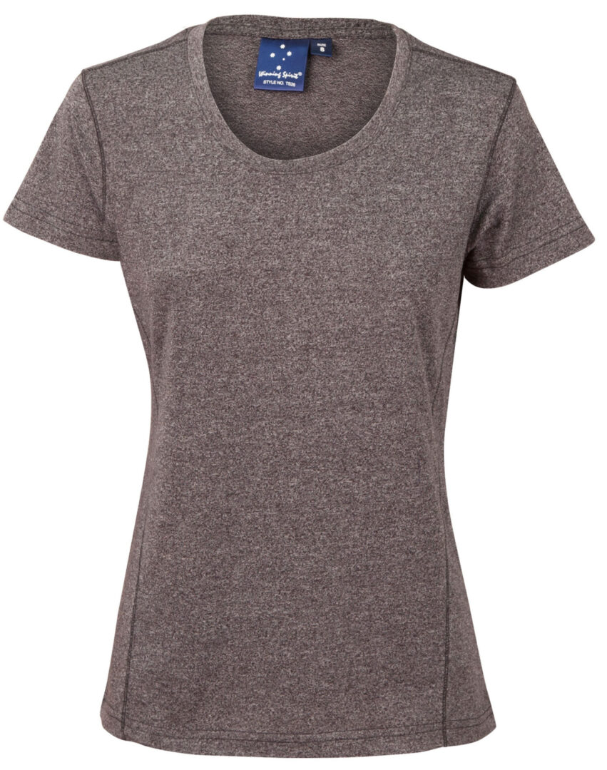 A women 's t-shirt with a round neck and short sleeves.