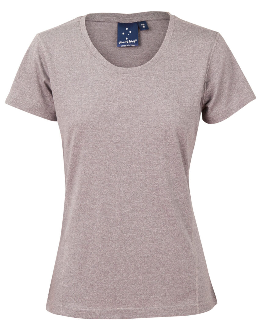 A women 's t-shirt with a round neck and short sleeves.