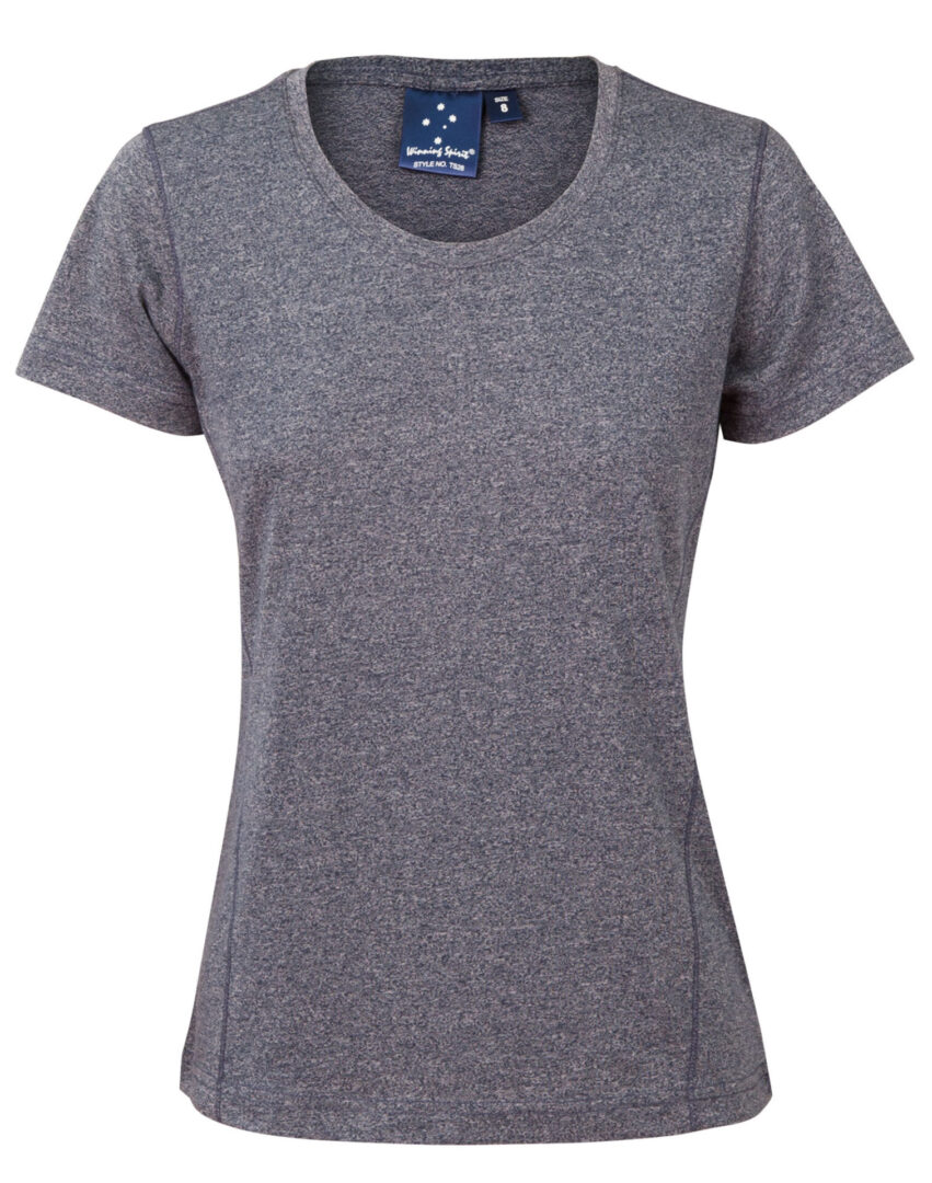 A women 's t-shirt with a round neck and short sleeves.