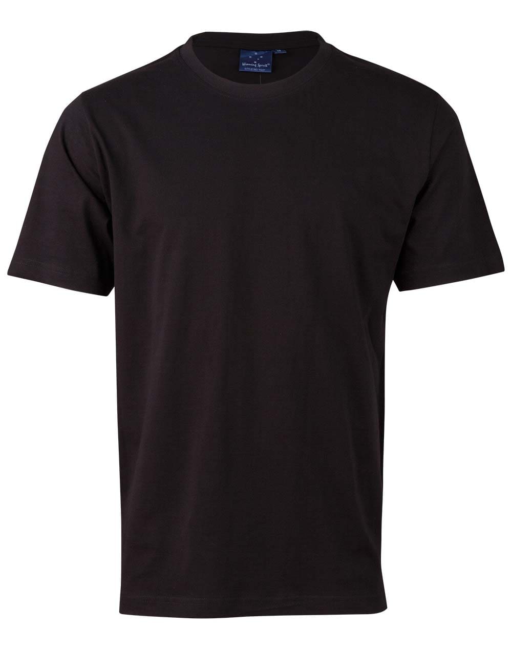 A black t-shirt is shown on a white background.