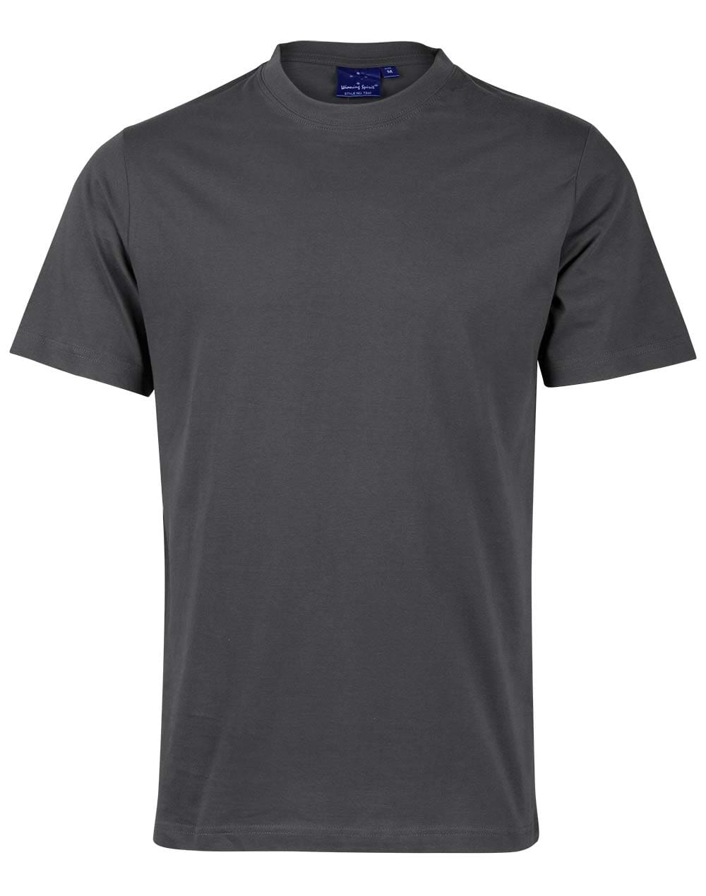 A dark gray t-shirt is shown on a white background.