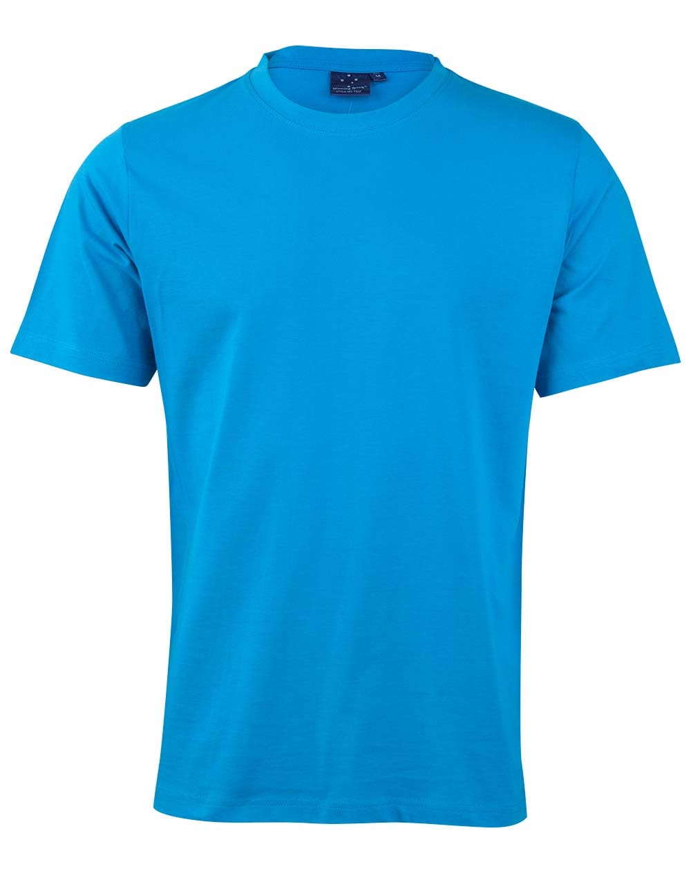 A blue t-shirt is shown on a white background.