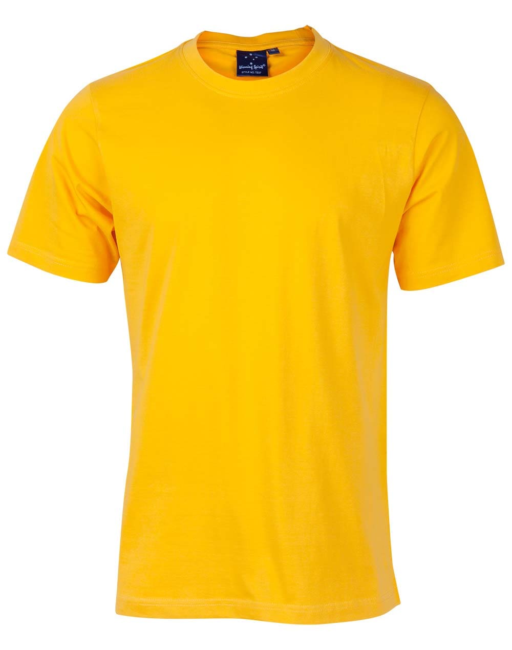 A yellow t-shirt is shown on a white background.