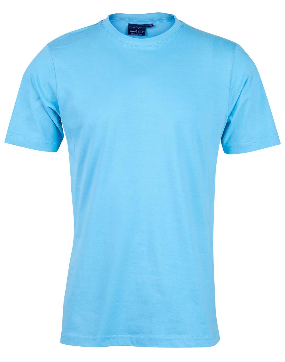 A light blue t-shirt is shown on a white background.