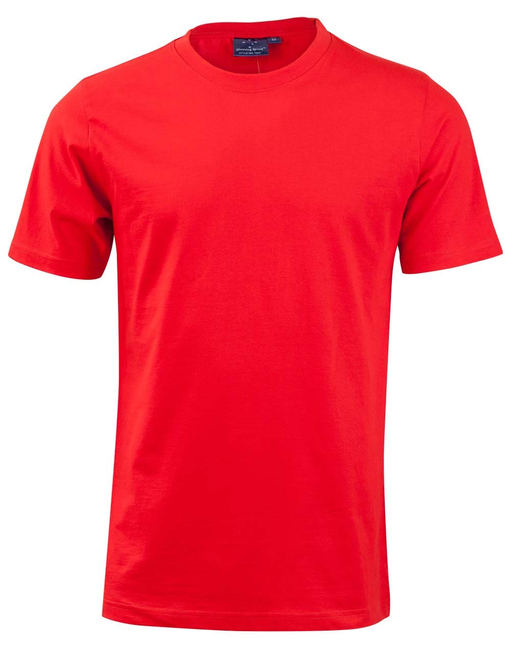 A red shirt is shown with no collar.