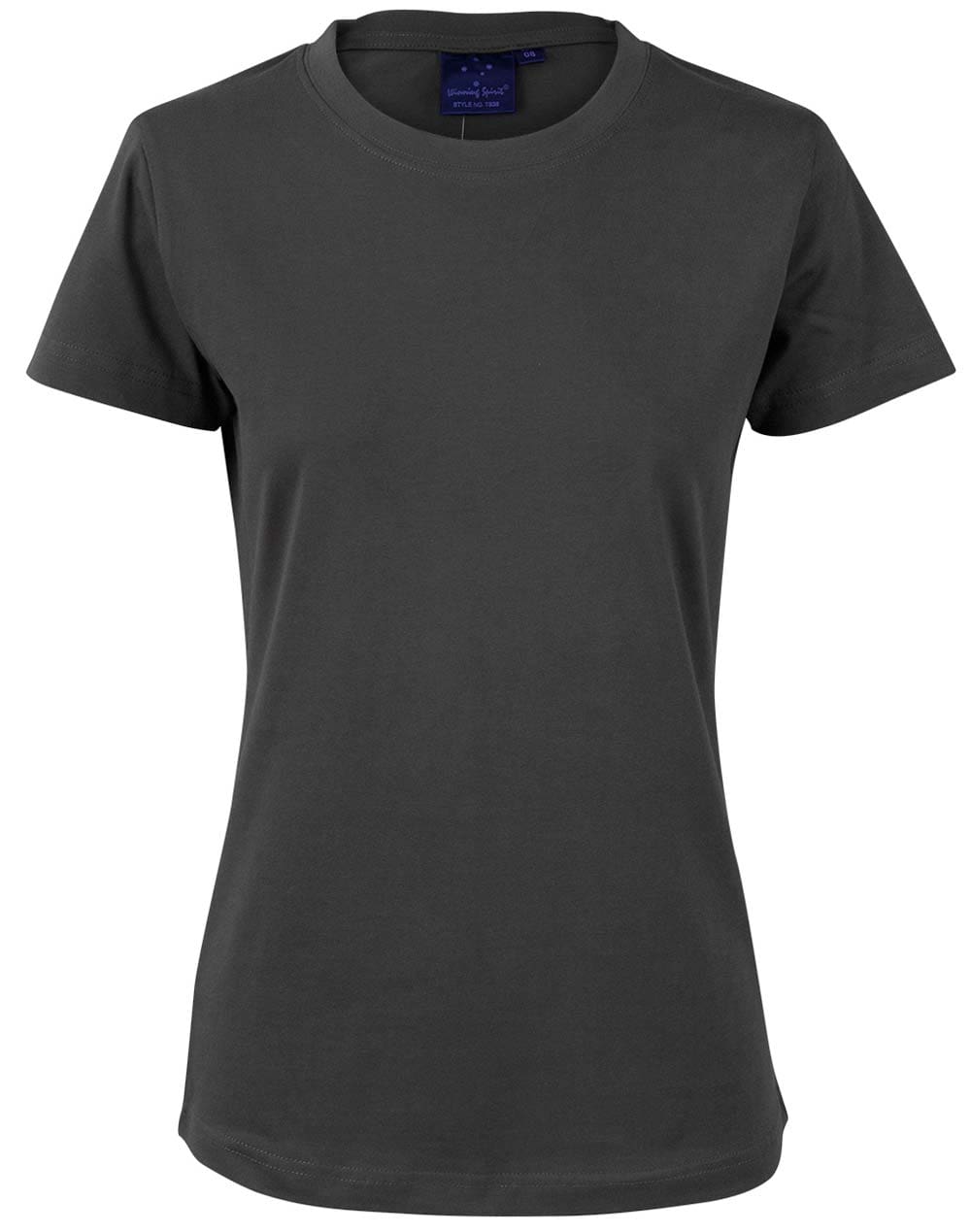 A black t-shirt is shown on a white background.