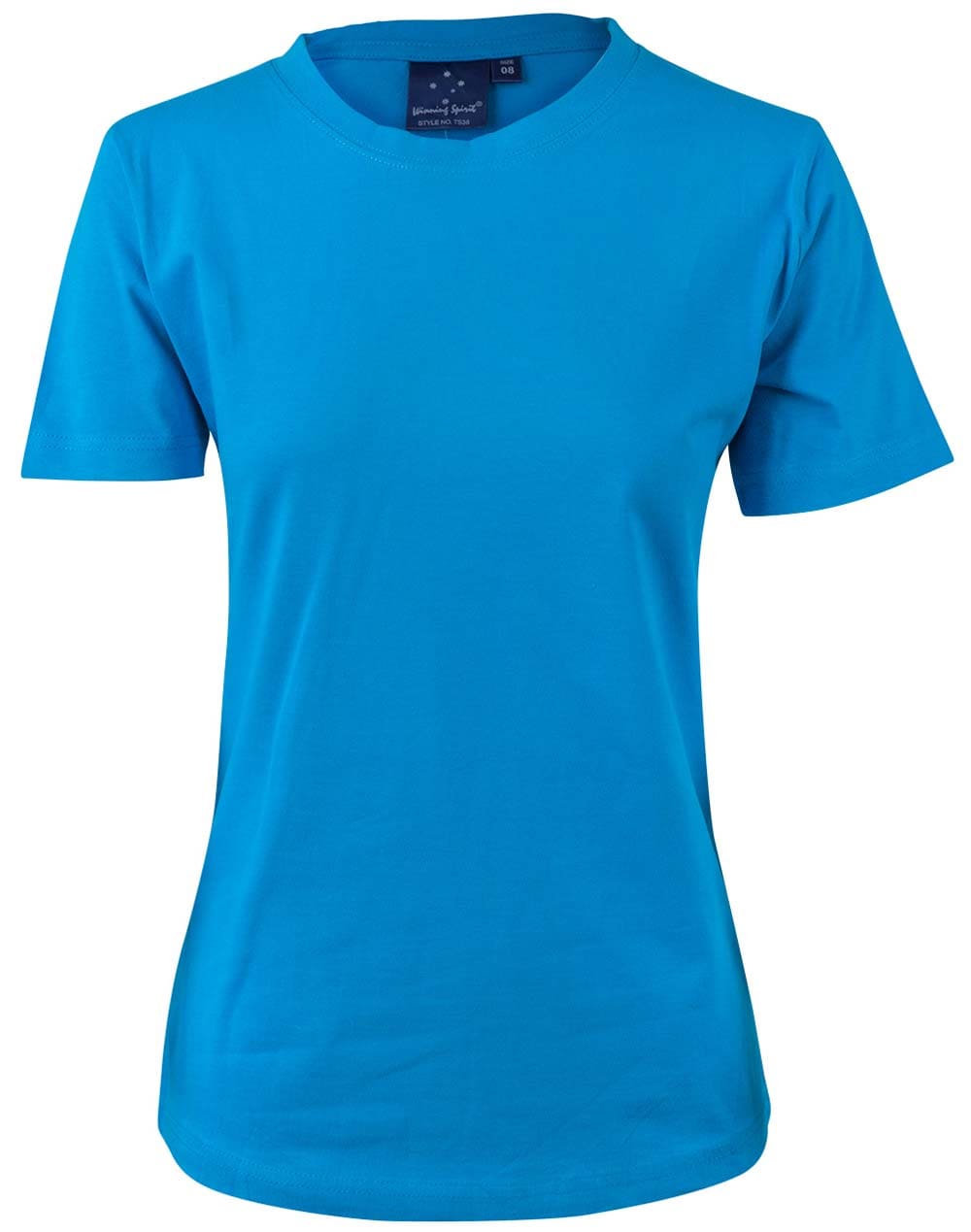 A women 's t-shirt is shown in blue.