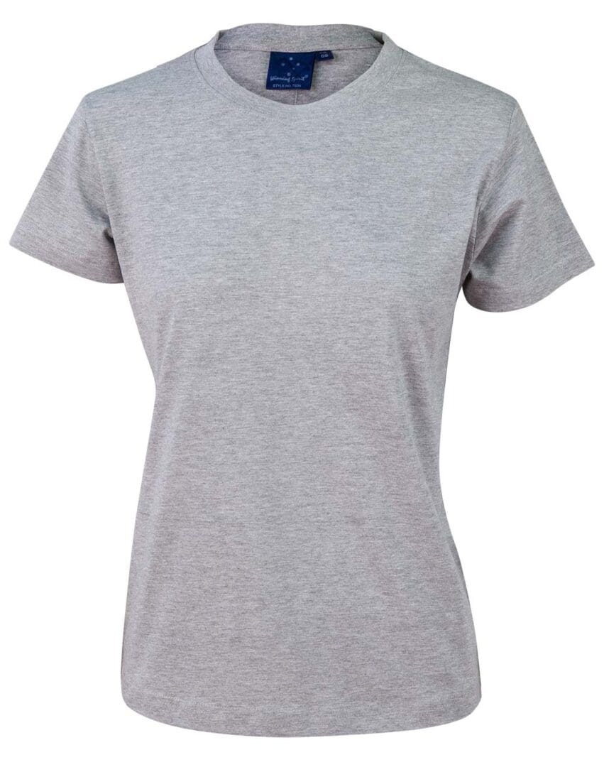 A gray t-shirt is shown on a white background.