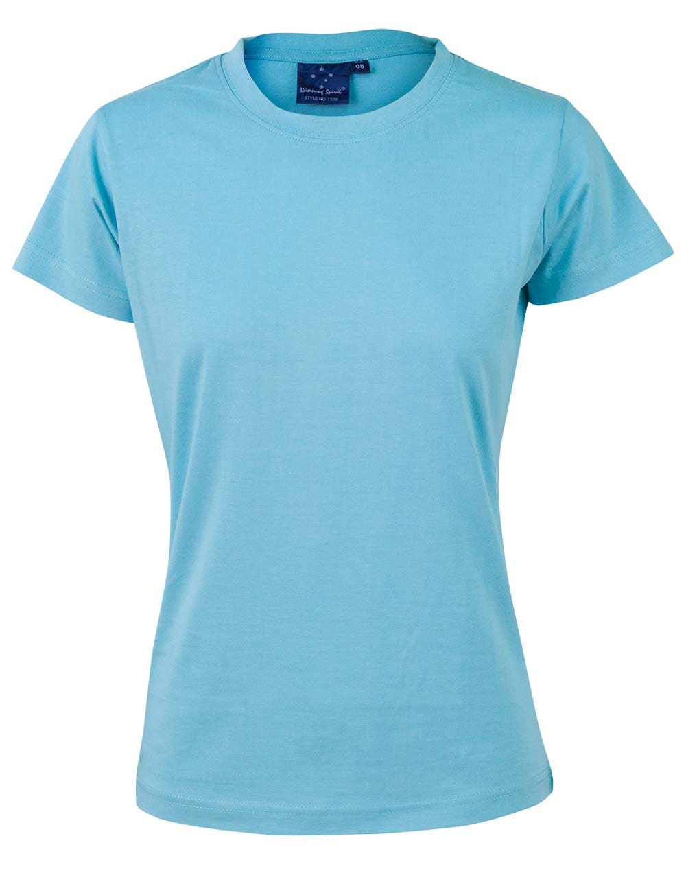 A light blue t-shirt is shown on a white background.