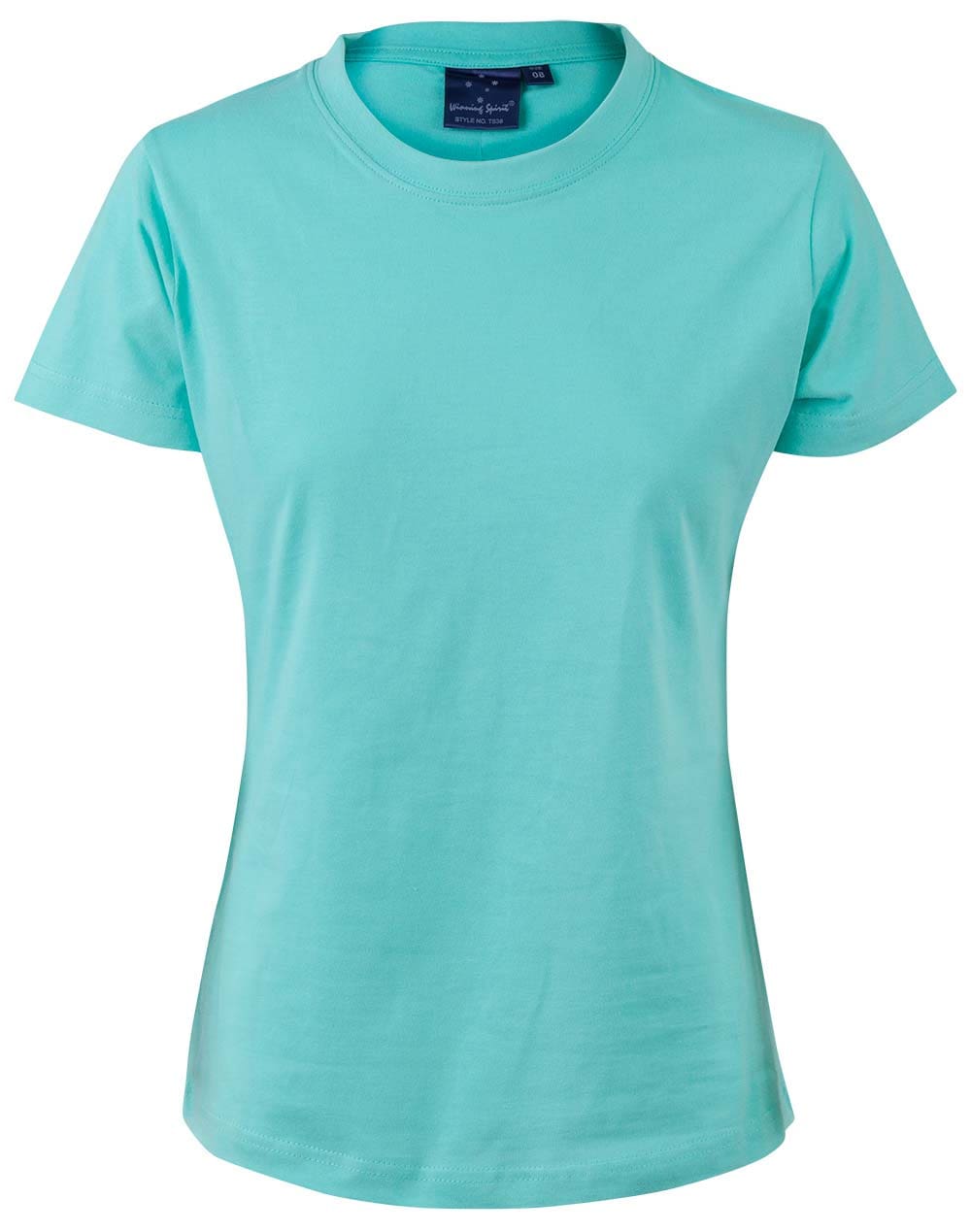 A women 's t-shirt is shown in blue.